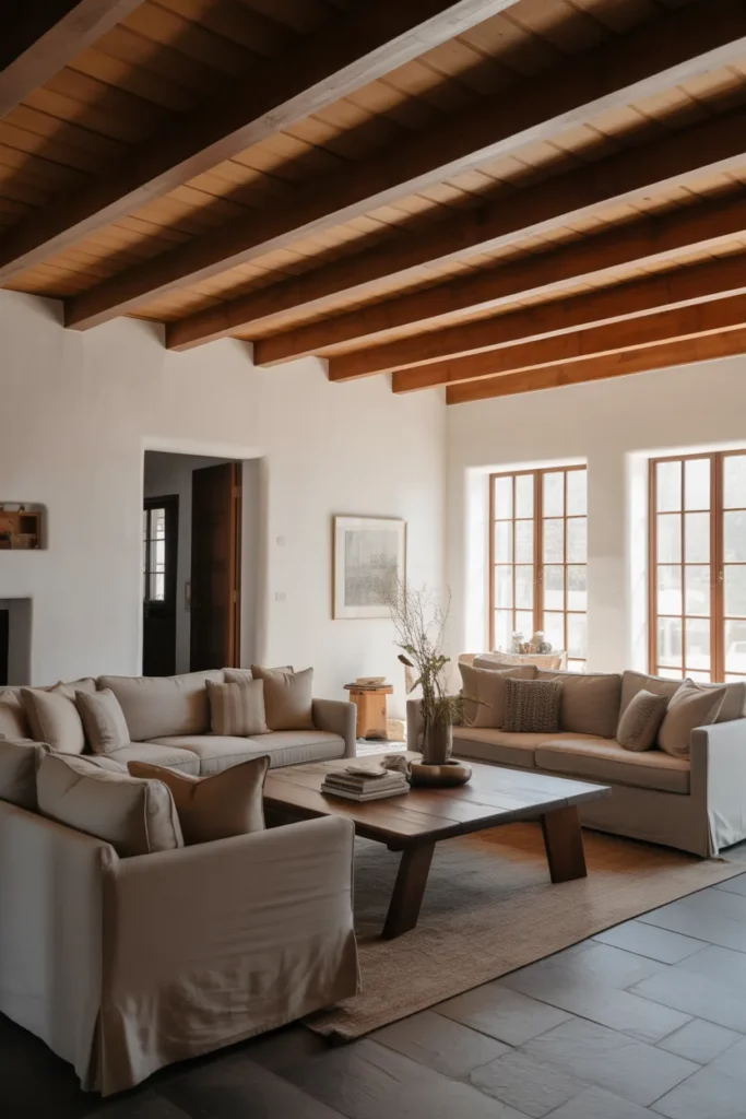 Warm Living Room with Exposed Wooden Beams