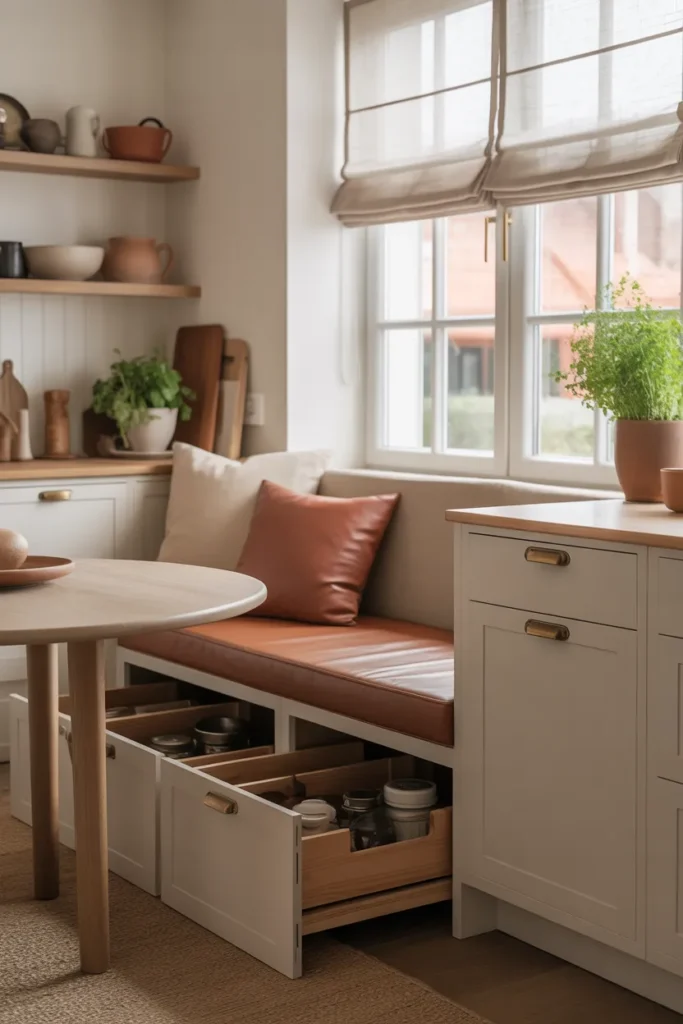 Warm Terracotta Bench with Hidden Crate Storage