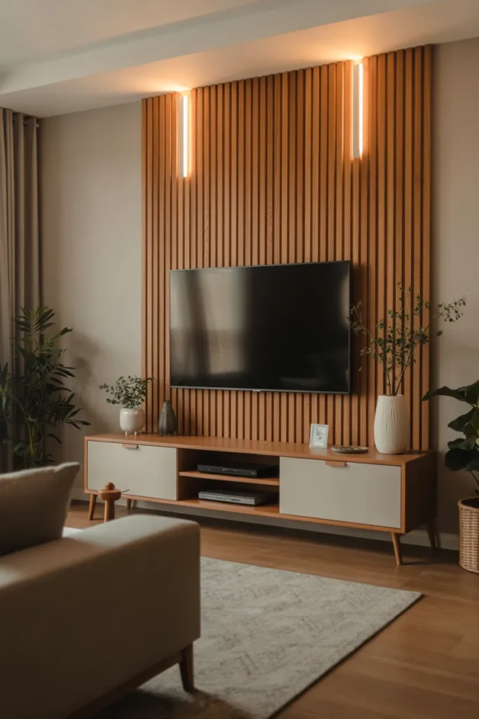 Wooden Slat Accent TV Wall
